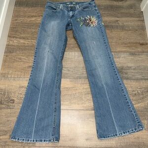 YMI Blue Flare Jeans with Floral Detail